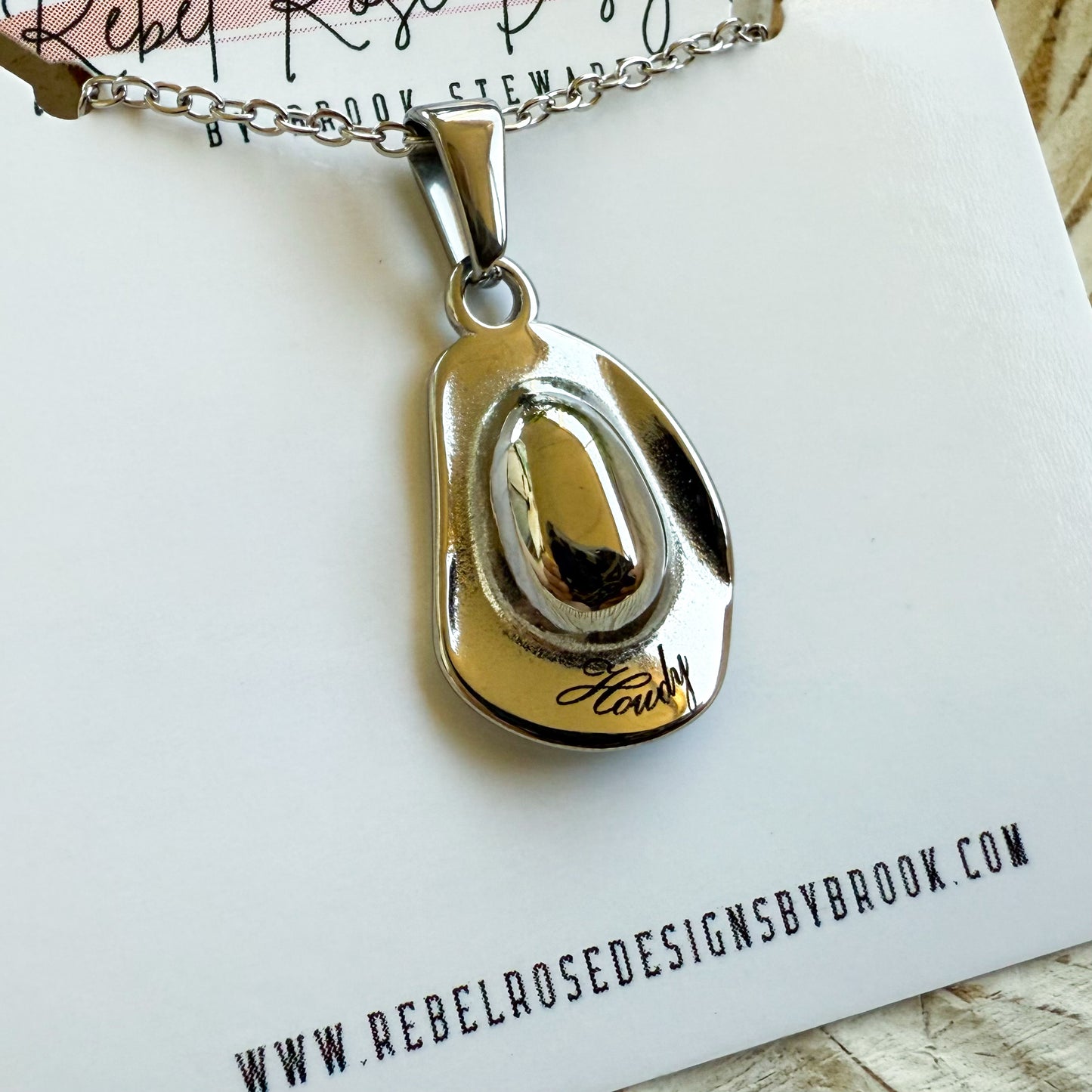 Stainless Steel Necklace - Howdy Engraved Cowboy Hat